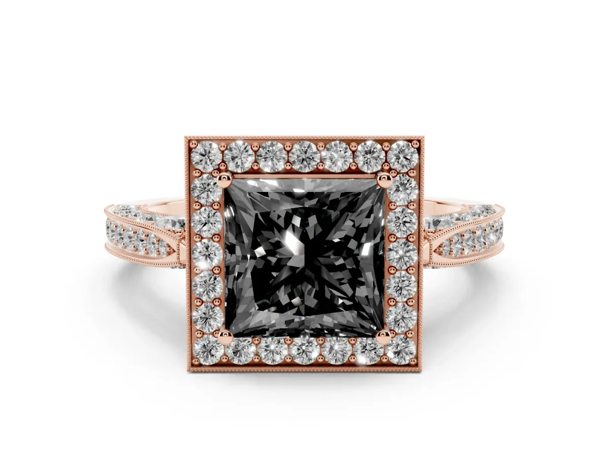 Fancy Black Princess Cut Halo Diamond Engagement Ring with Split Shank Band and Four-Prong Setting Rose gold