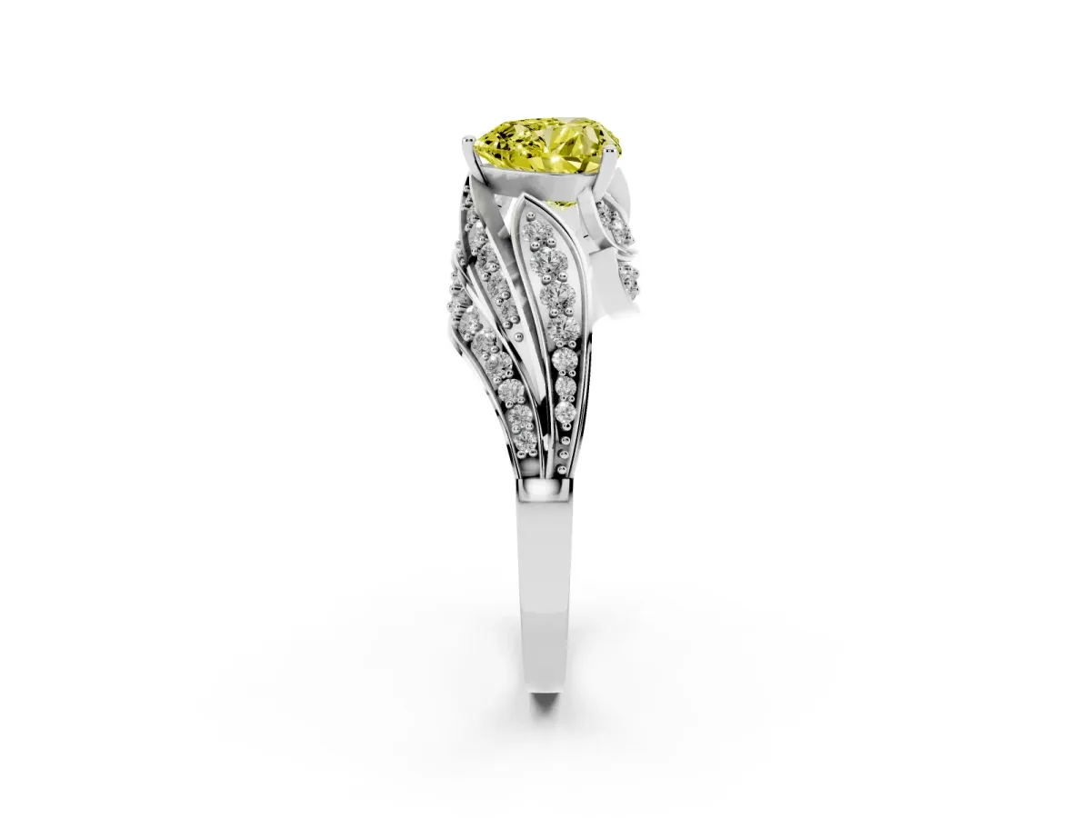 Fancy Yellow Heart Cut Diamond Solitaire Ring with Prong Setting and Twisted Pavé Band White gold