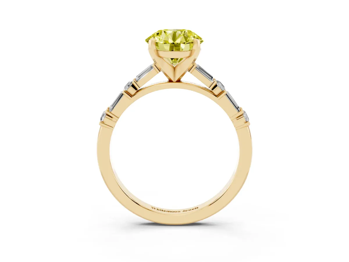 Fancy Yellow Round Cut Diamond Solitaire with Side Baguettes and Channel Set Band Yellow gold