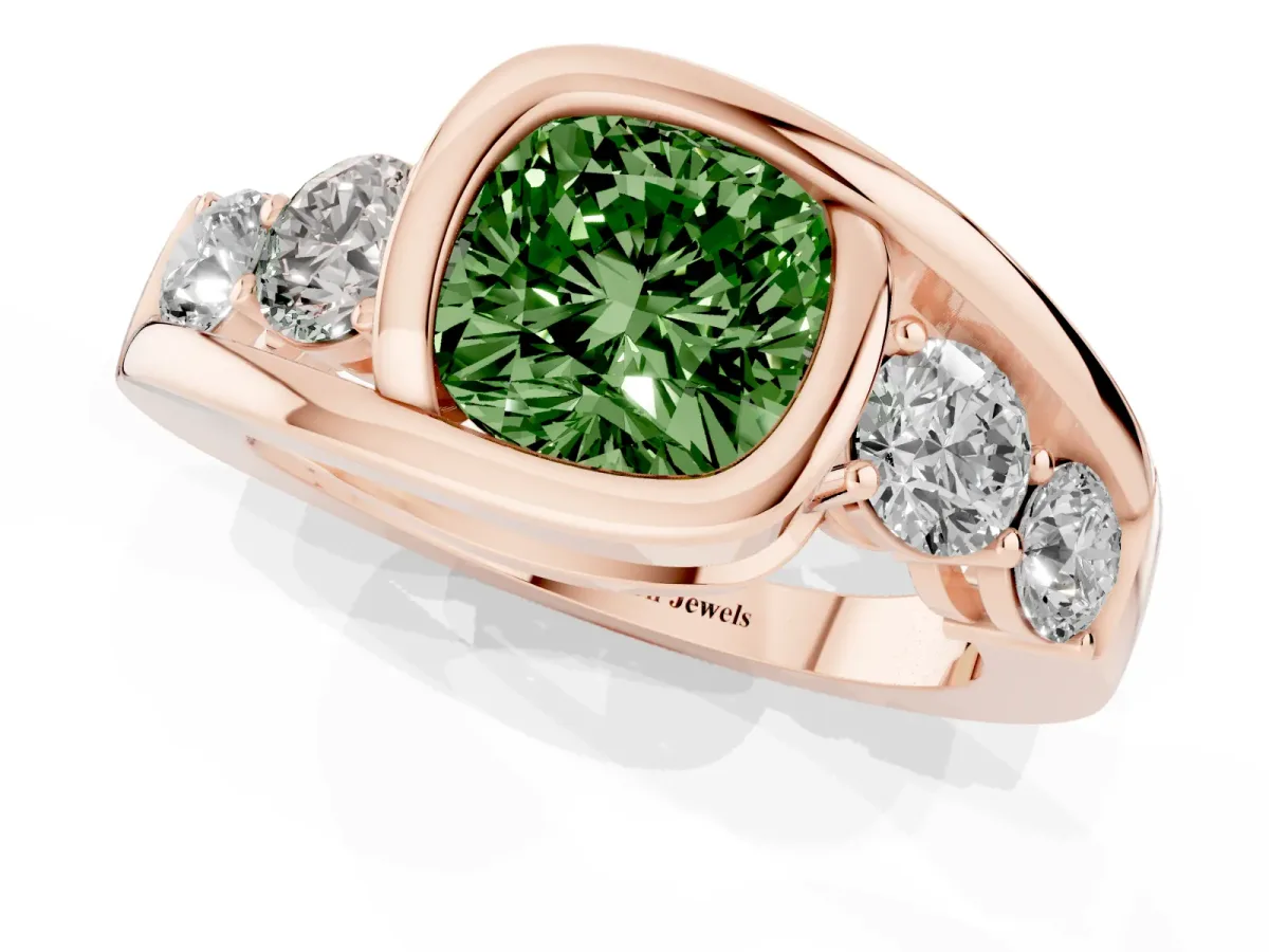 Fancy Green Bezel Set Cushion Cut Diamond Bypass Ring with Round Accents Rose gold