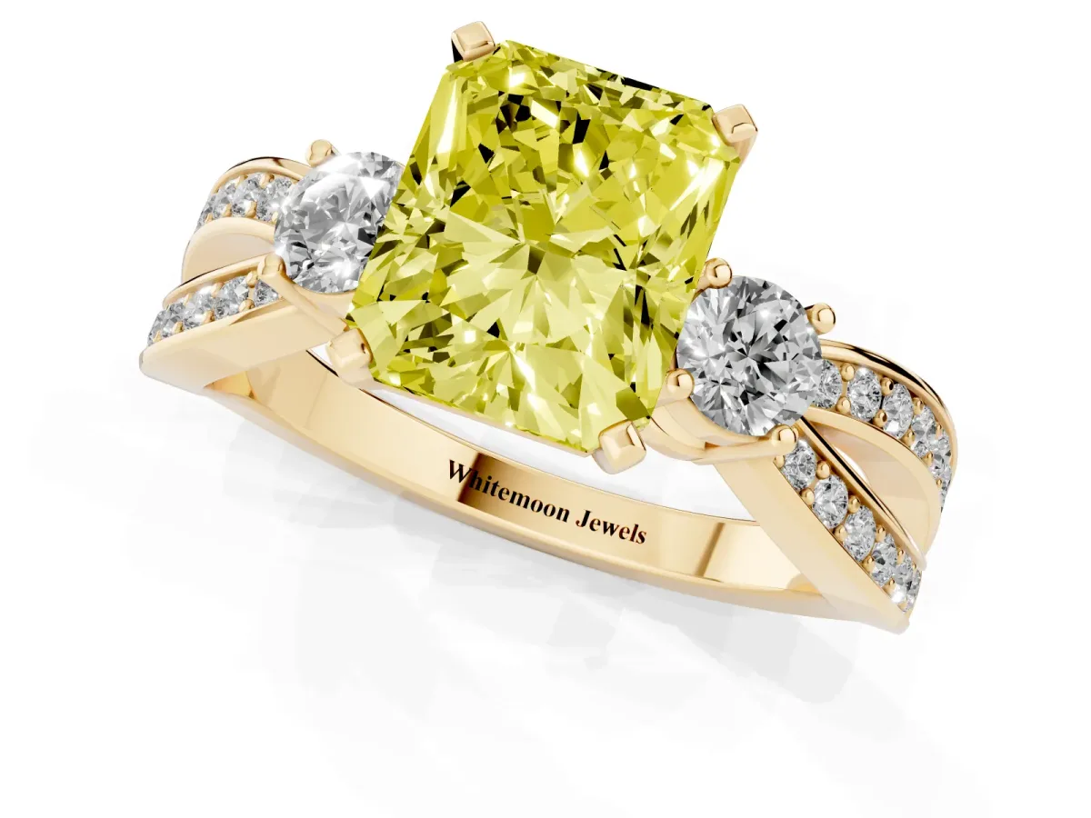 Fancy Yellow Three-Stone Radiant Cut Cut Diamond Twist Band with Prong Setting Yellow gold