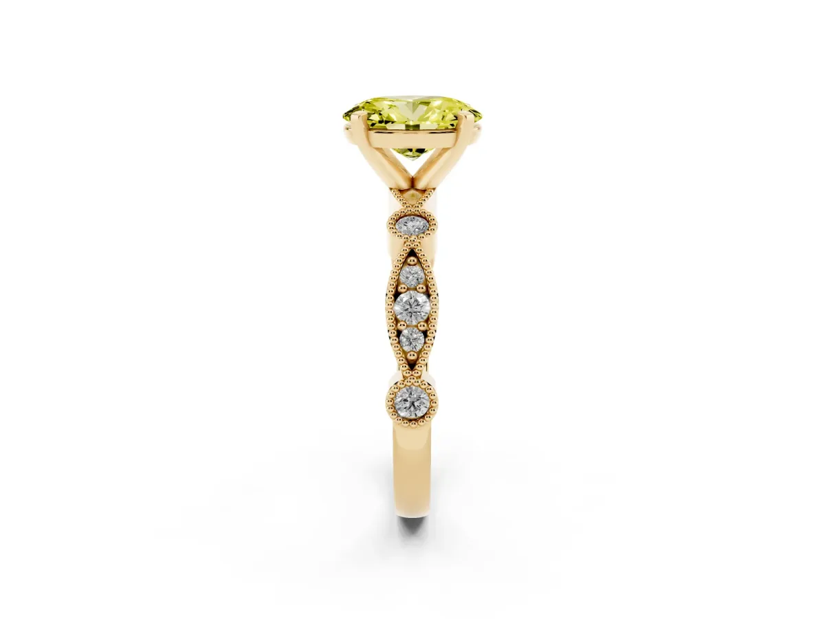Fancy Yellow Oval Cut Milgrain Bezel Diamond Engagement Ring with Solitaire Prong Setting Yellow gold