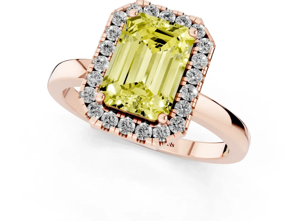 Fancy Yellow Emerald Cut Halo Diamond Solitaire with Pavé Band and Four-Prong Setting Rose gold