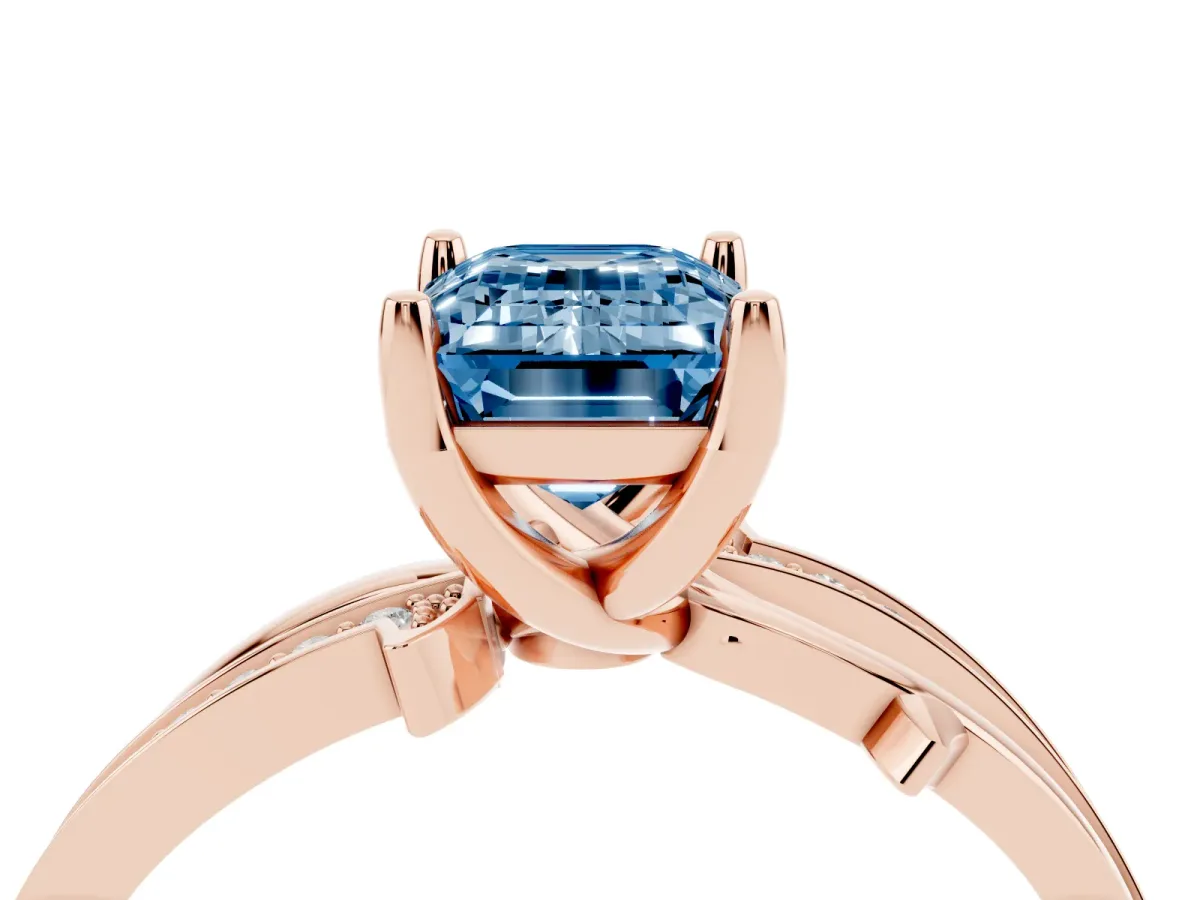 Fancy Blue Emerald Cut Solitaire Twist Band with Pavé Accents and Four-Prong Setting Rose gold