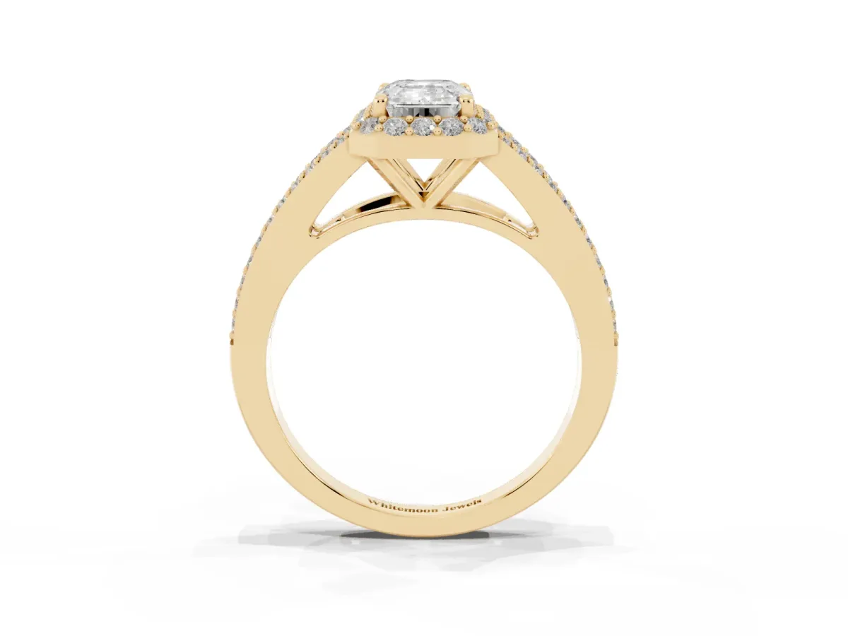 Emerald Cut Halo Split Shank Diamond Ring with Prong Setting Yellow gold