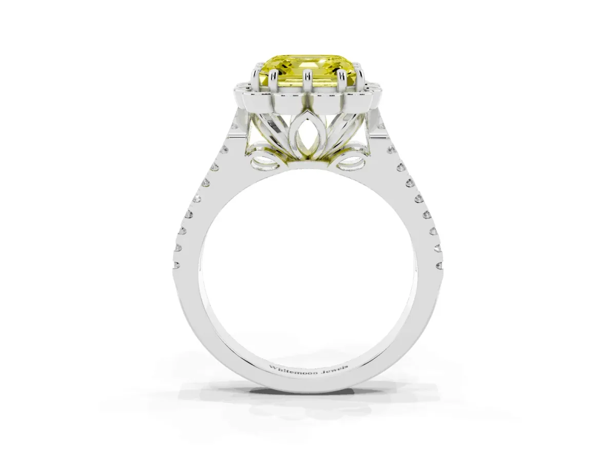 Fancy Yellow Asscher Cut Halo Diamond Floral Split Shank Engagement Ring Silver