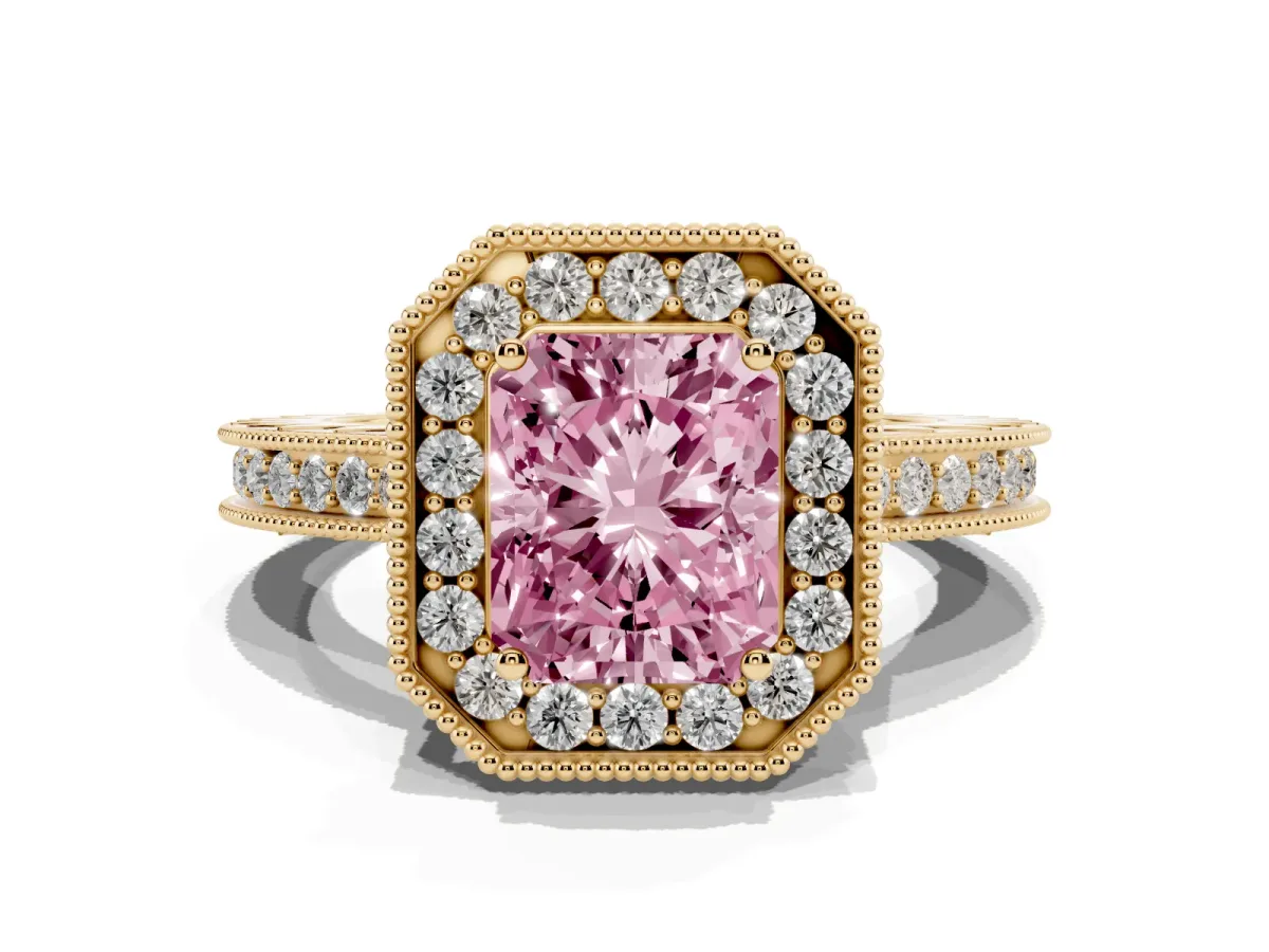 Fancy Pink Radiant Cut Diamond Milgrain Halo Engagement Ring with Round Pavé Band and Prong Setting Yellow gold