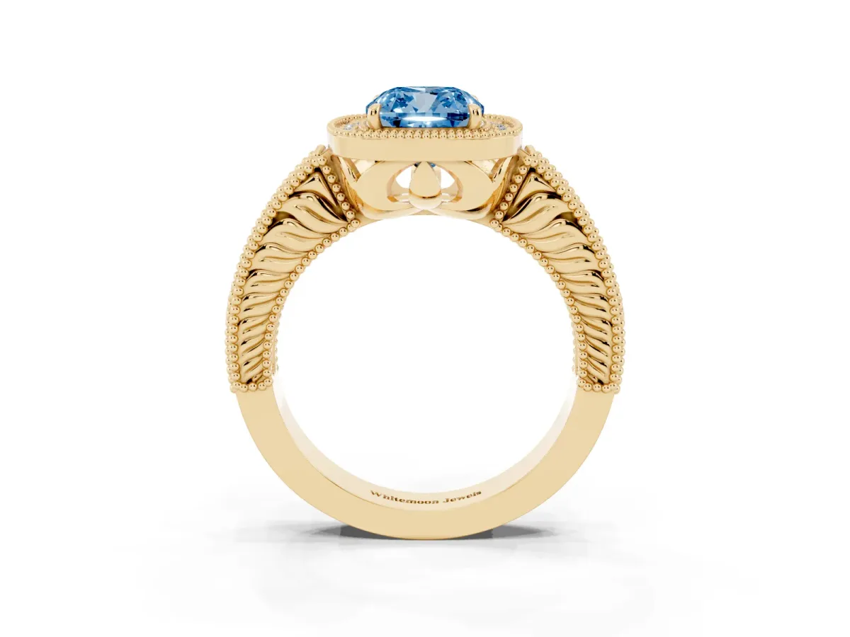 Fancy Blue Cushion Cut Cut Halo Diamond Ring with Pavé Band and Four-Prong Setting Yellow gold