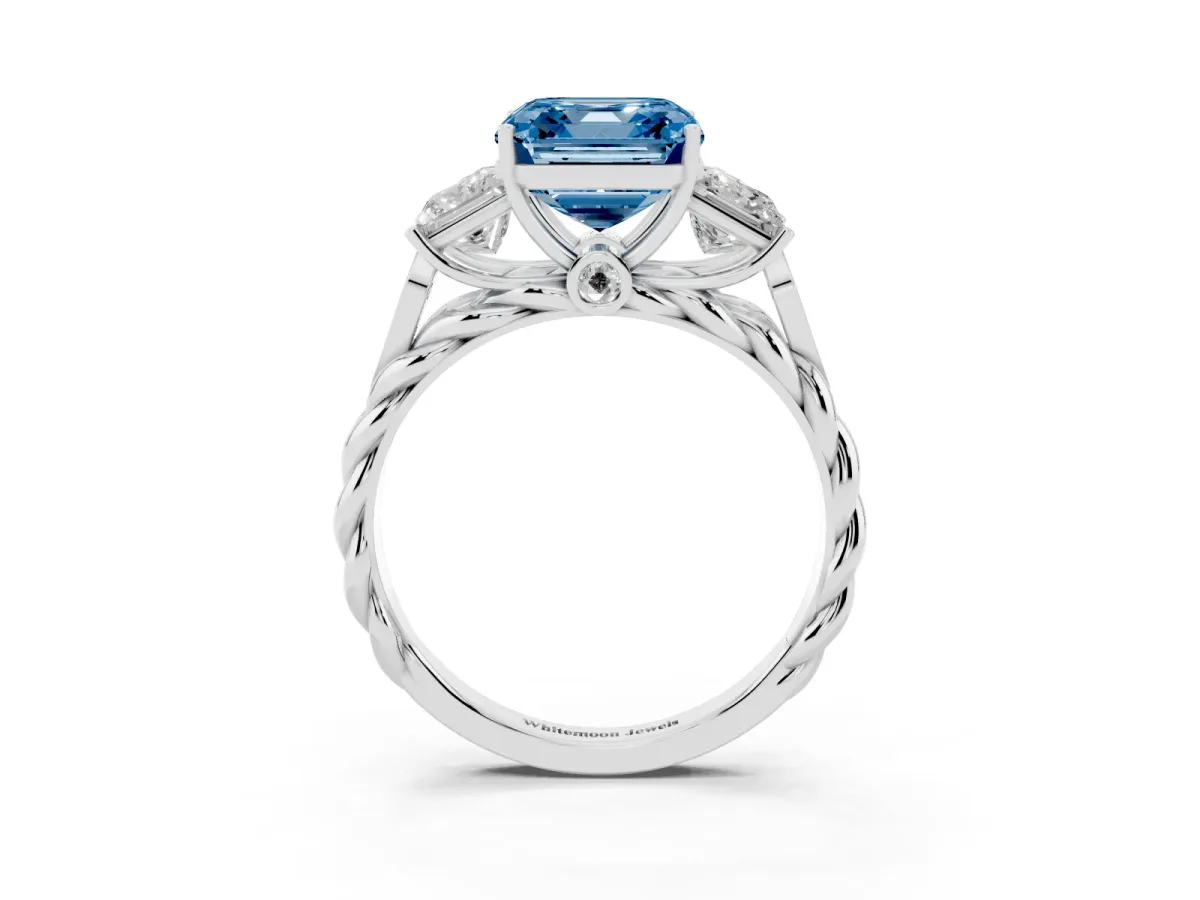 Fancy Blue Three-Stone Asscher Cut Diamond Braided Band Ring with Four-Prong Setting Platinum