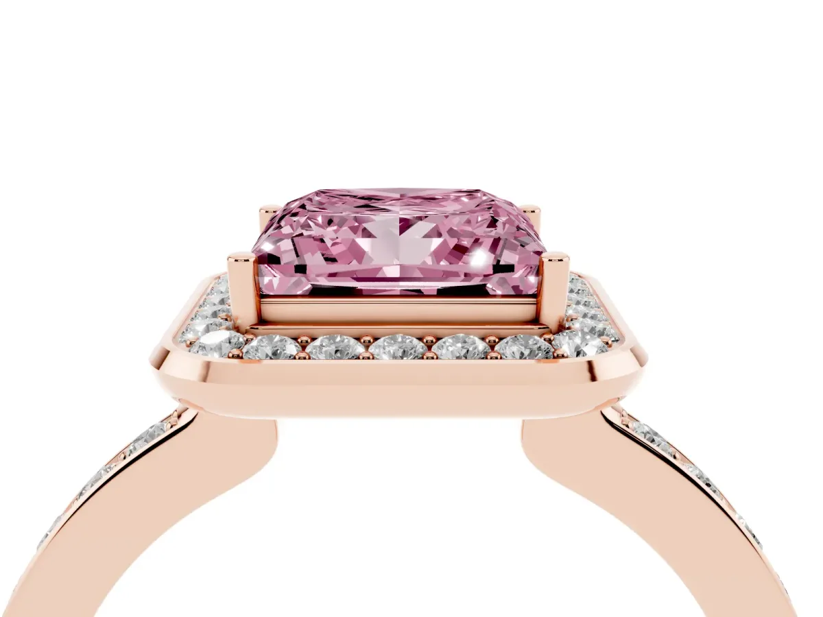 Fancy Pink Princess Cut Diamond Halo Ring with Bezel Frame and Pavé Band Rose gold