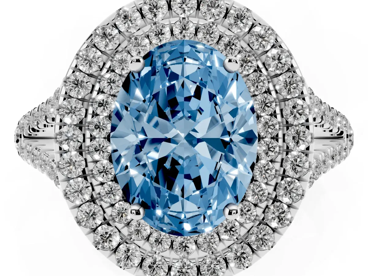 Fancy Blue Oval Cut Diamond Double Halo Ring with Pavé Band and Prong Setting Silver