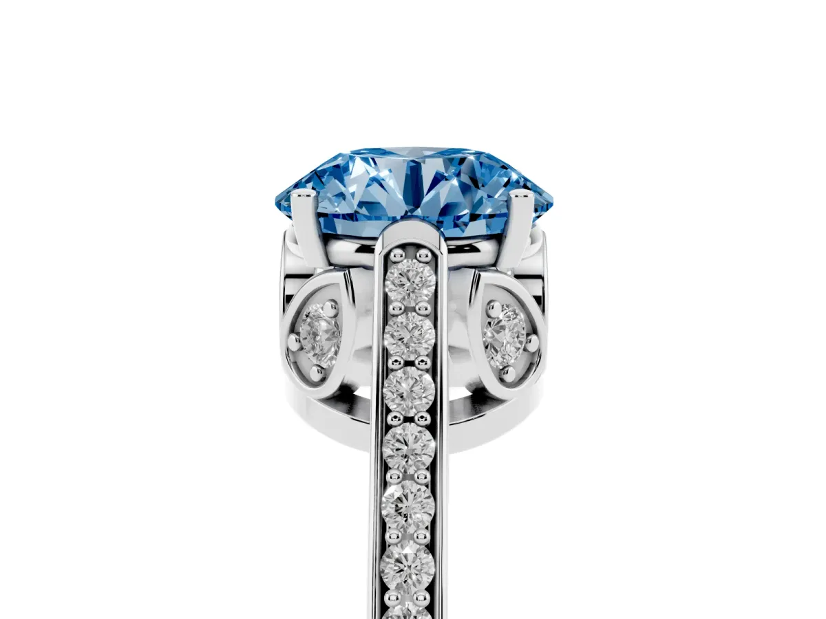 Fancy Blue Round Cut Cut Cathedral Pave Diamond Engagement Ring with Six-Prong Setting Platinum