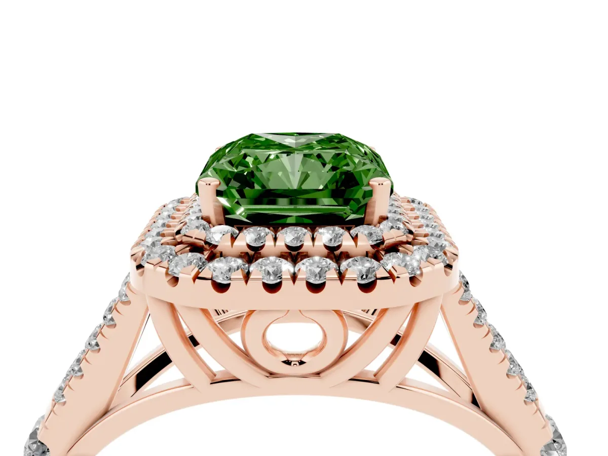 Fancy Green Radiant Cut Cut Double Halo Split Shank Diamond Ring with Prong Setting Rose gold