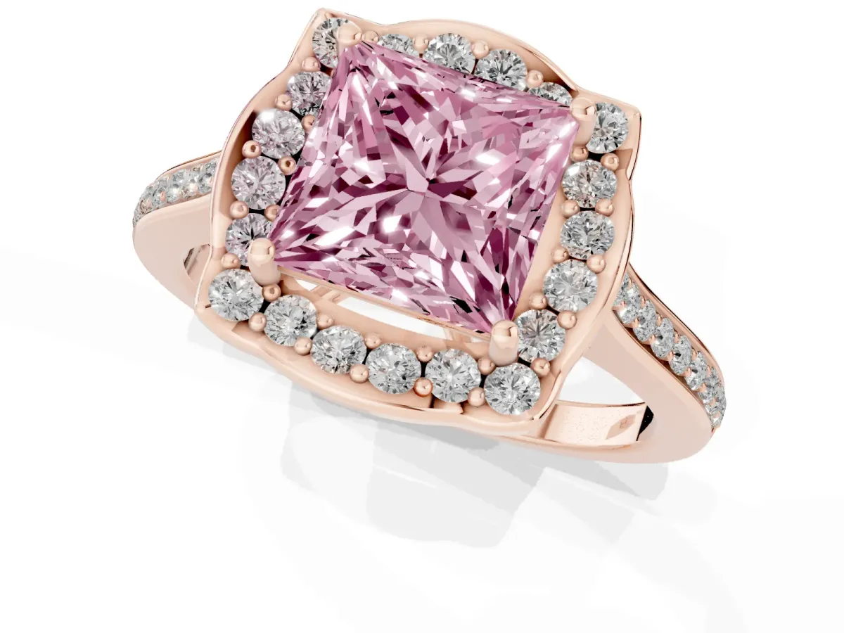 Fancy Pink Princess Cut Halo Round Diamond Pave Band with Four-Prong Setting Rose gold