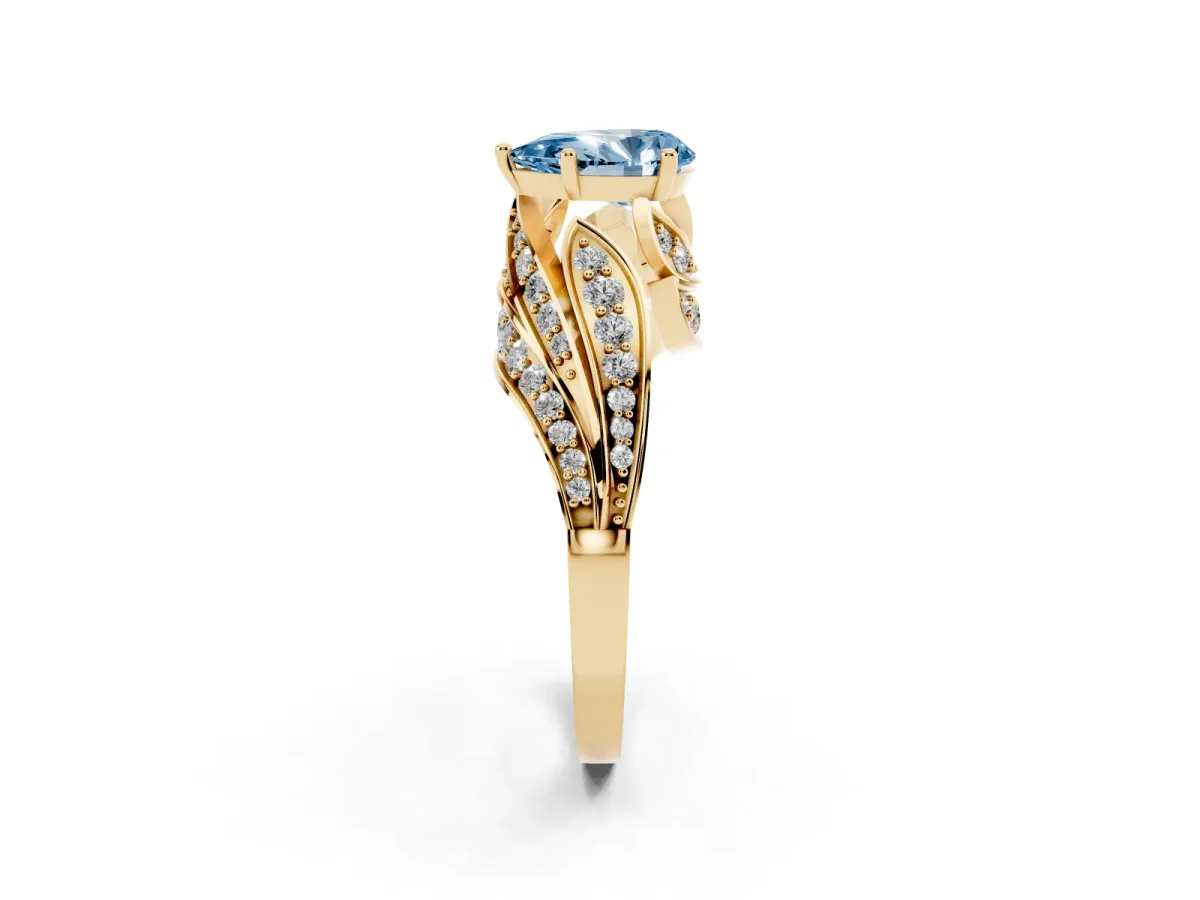 Fancy Blue Pear Cut Diamond Solitaire Ring with Prong Setting and Twisted Pavé Band Yellow gold