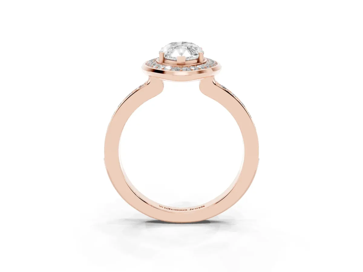 Marquise Cut Diamond Halo Ring with Bezel Frame and Pavé Band Rose gold