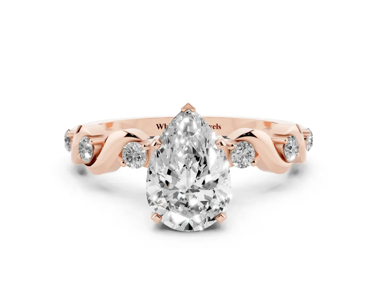 Pear Cut Diamond Solitaire Twisted Band with Round Accents and Prong Setting Rose gold