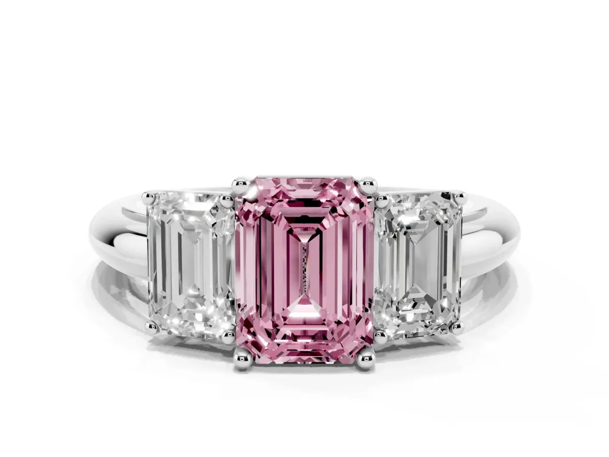 Fancy Pink Three-Stone Emerald Cut Cut Diamond Engagement Ring with Prong Setting on a White Gold Band White gold
