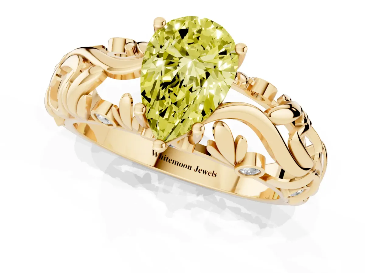 Fancy Yellow Pear Cut Solitaire Diamond Leaf-Inspired Vine Band Ring with Prong Setting Yellow gold