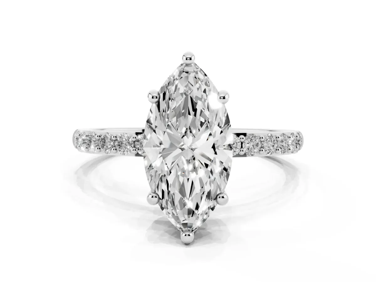 Marquise Cut Diamond Solitaire Ring with Round Pavé Band and Prong Setting Silver