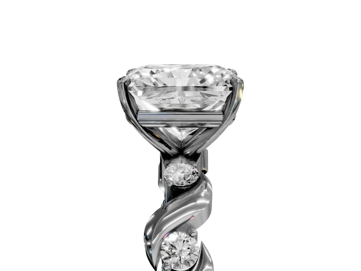 Radiant Cut Diamond Solitaire Twisted Band with Round Accents and Prong Setting Silver