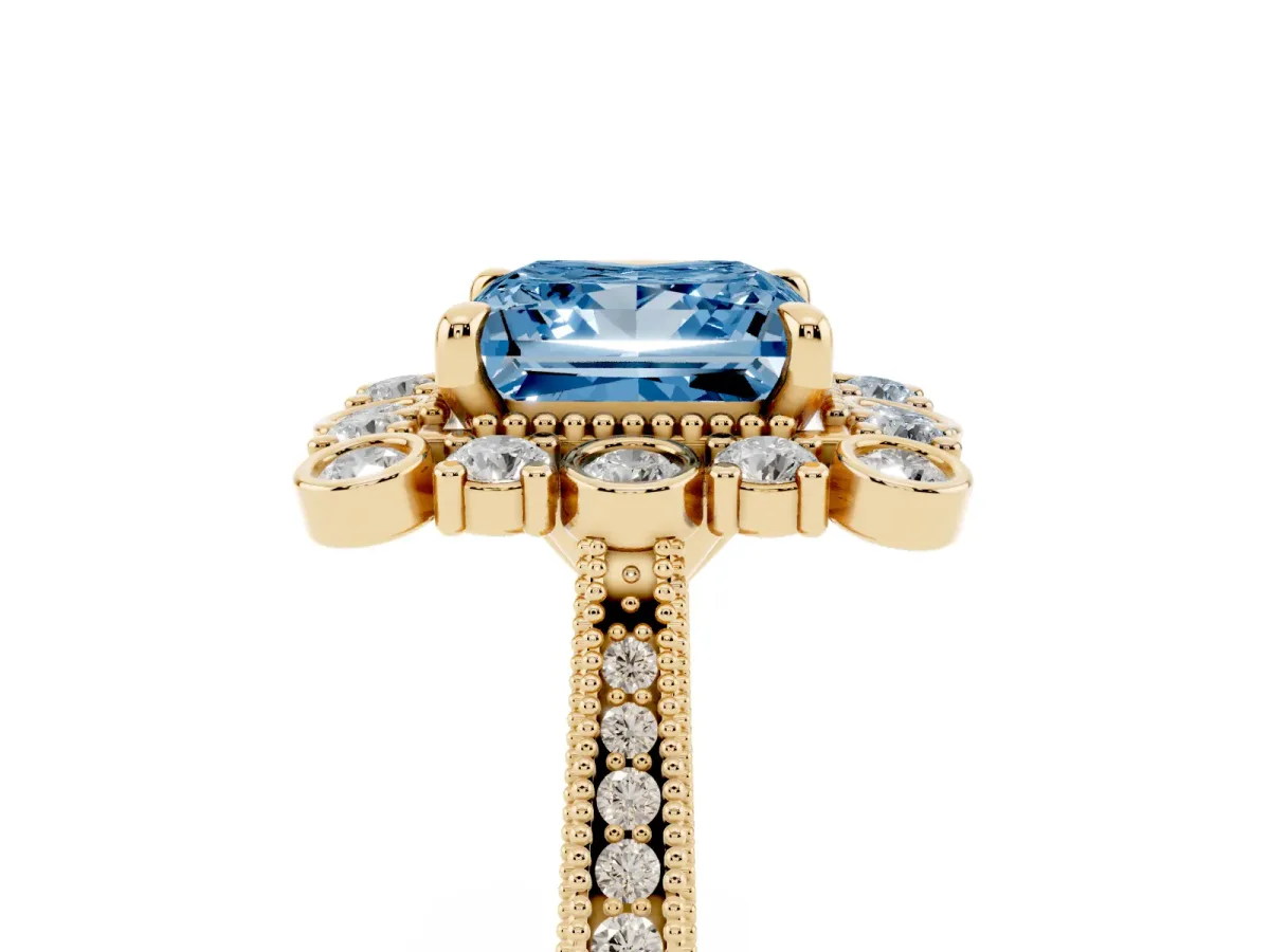 Fancy Blue Princess Cut Halo Milgrain Pave Diamond Ring with Four-Prong Setting Yellow gold