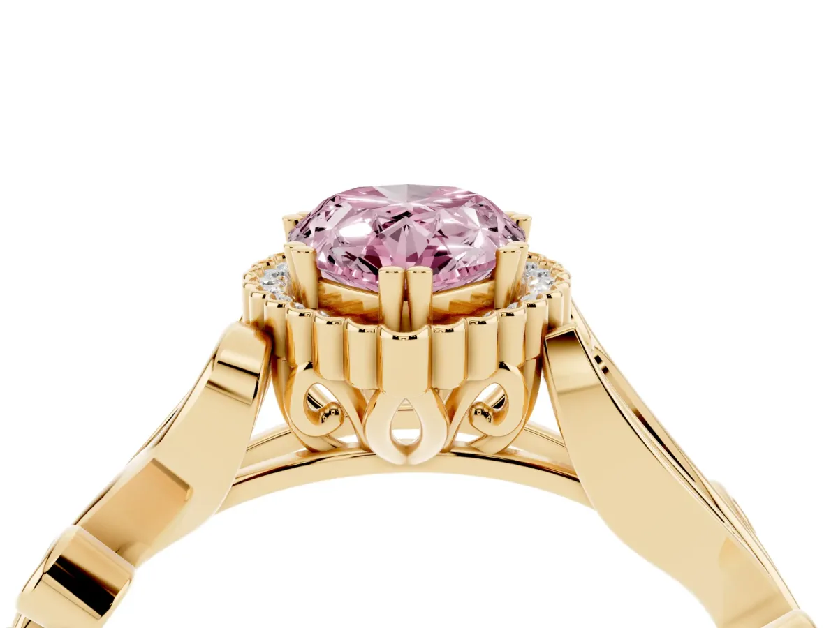 Fancy Pink Pear Cut Diamond Halo Ring with Vintage Split Shank and Four-Prong Setting Yellow gold