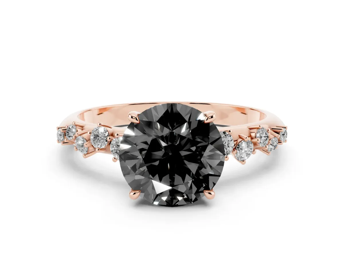 Fancy Black Round Cut Diamond Cluster Side Stone Solitaire Ring with Prong Setting Rose gold