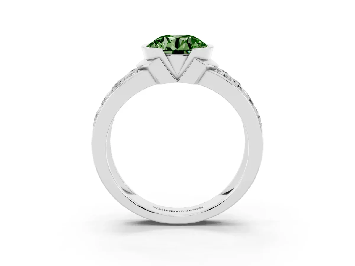 Fancy Green Round Cut Brilliant Diamond Channel Set Wide Band Ring with Bezel Setting Platinum