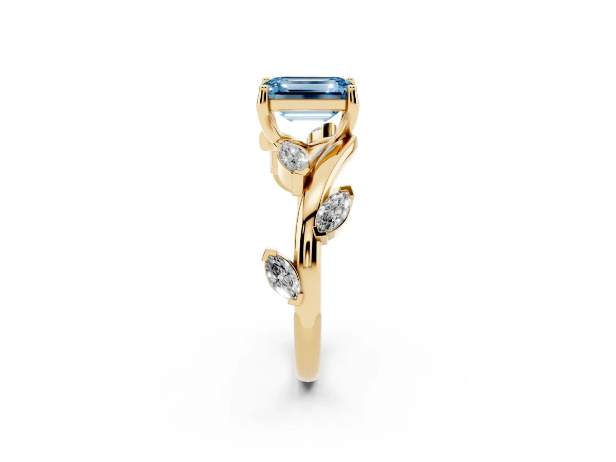 Fancy Blue Emerald Cut Solitaire Twisted Band Marquise Accent Prong Setting Ring Yellow gold
