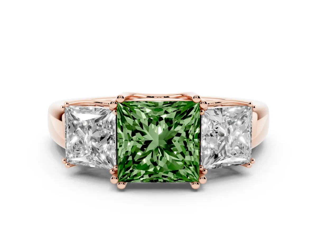 Fancy Green Three-Stone Princess Cut Cut Diamond Ring with Channel Set Band and Four-Prong Setting Rose gold