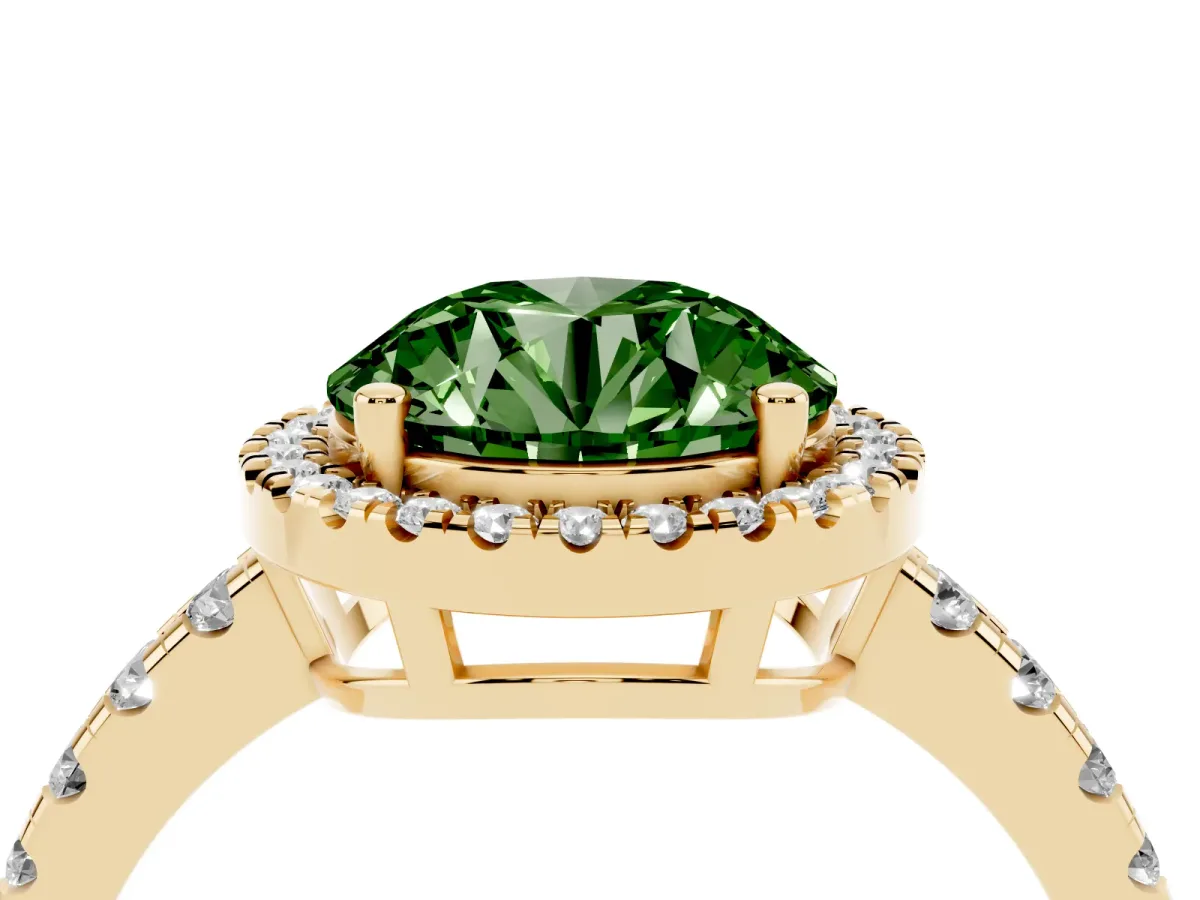 Fancy Green Round Cut Diamond Halo Ring with Pavé Band and Four-Prong Setting Yellow gold