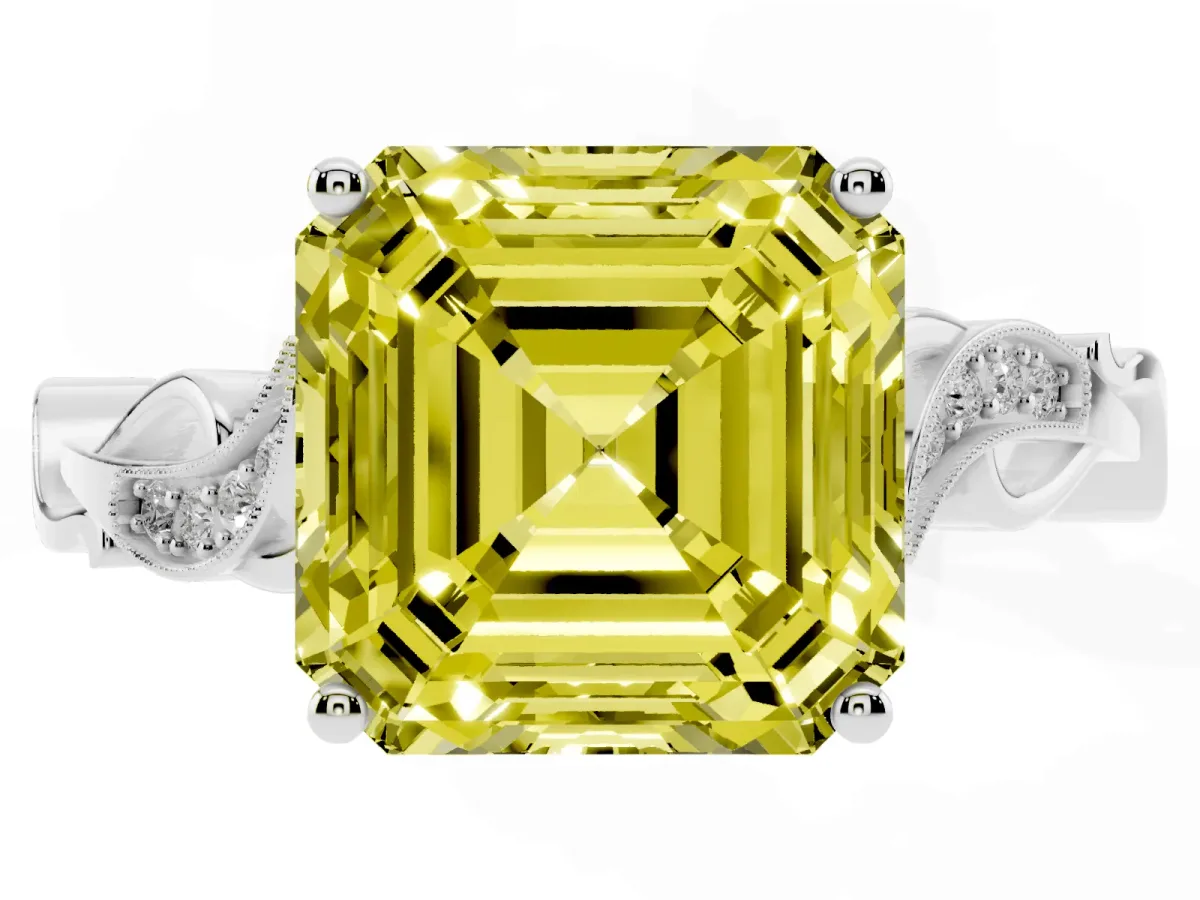 Fancy Yellow Asscher Cut Solitaire Vine Band with Milgrain Prong Setting Platinum