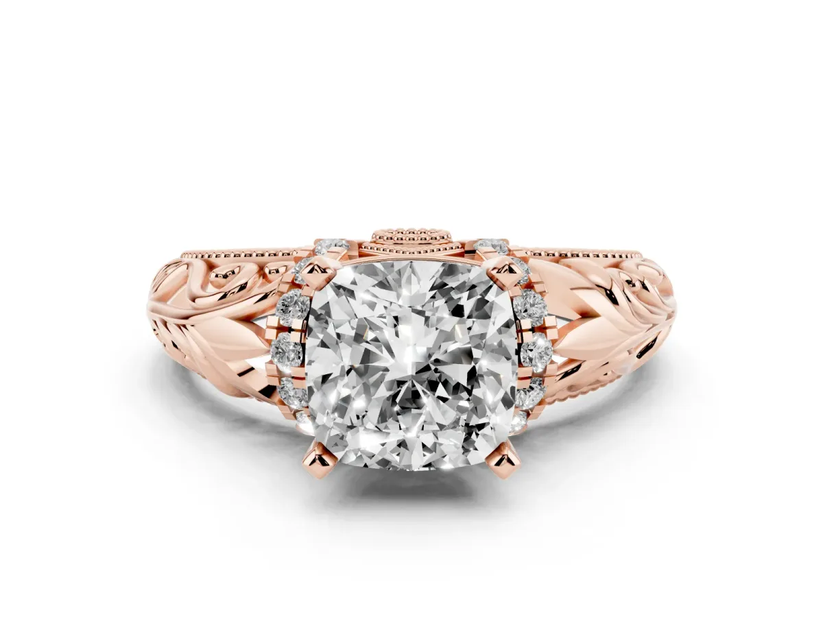 Cushion Cut Solitaire Filigree Engagement Ring with Halo and Prong Setting Rose gold