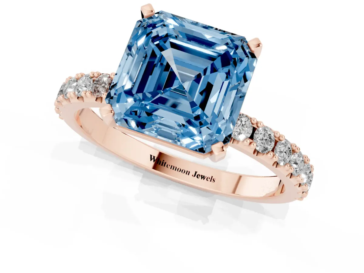 Fancy Blue Asscher Cut Diamond Solitaire Pavé Band with Four-Prong Setting Rose gold