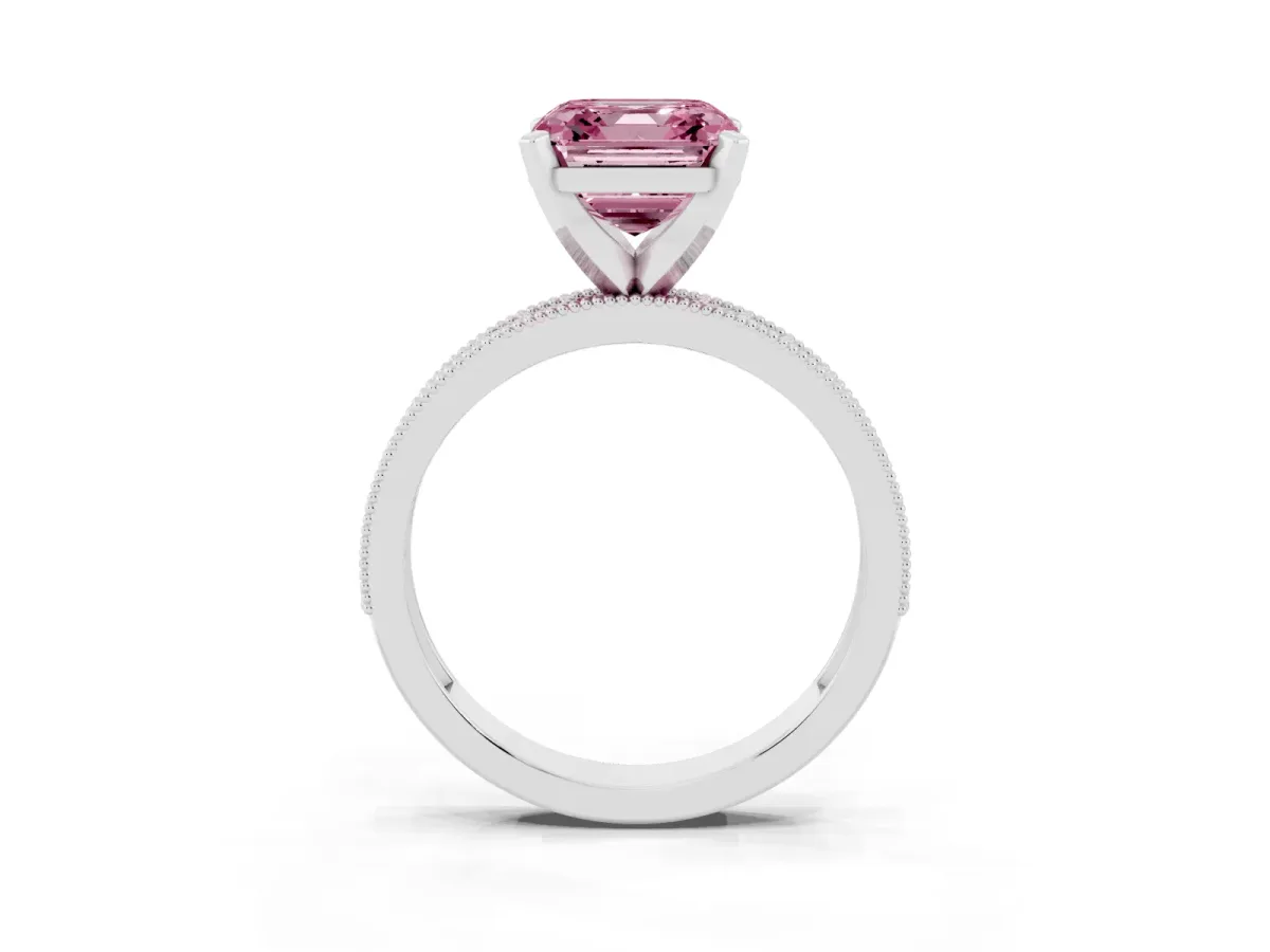 Fancy Pink Asscher Cut Diamond Milgrain Pavé Engagement Ring with Four-Prong Setting Silver