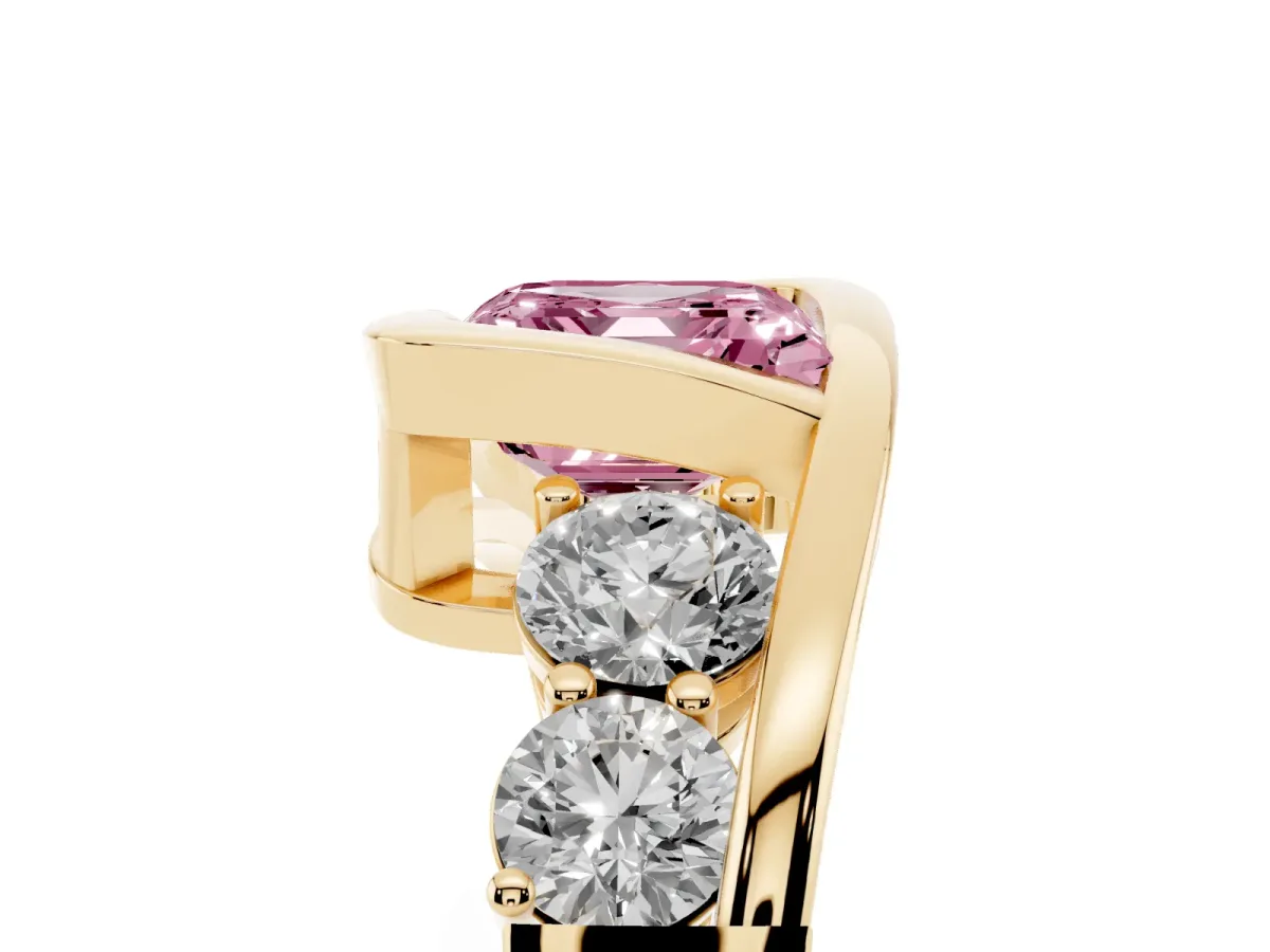 Fancy Pink Bezel Set Asscher Cut Diamond Bypass Ring with Round Accents Yellow gold