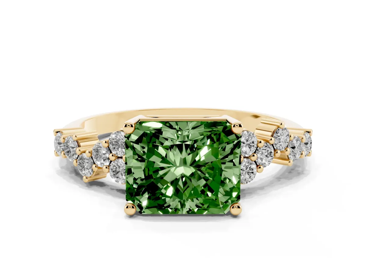 Fancy Green Radiant Cut Diamond Scattered Round Accent Ring with Prong Setting Yellow gold