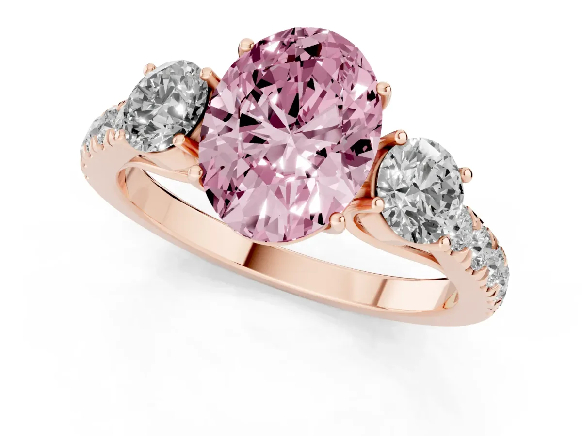 Fancy Pink Oval Cut Cut Diamond Three-Stone Ring with Round Side Stones and Pavé Band Rose gold