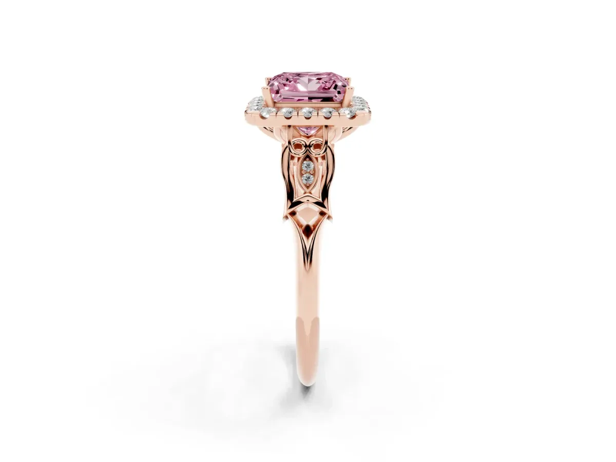 Fancy Pink Princess Cut Halo Diamond Engagement Ring with Filigree Band and Four-Prong Setting Rose gold