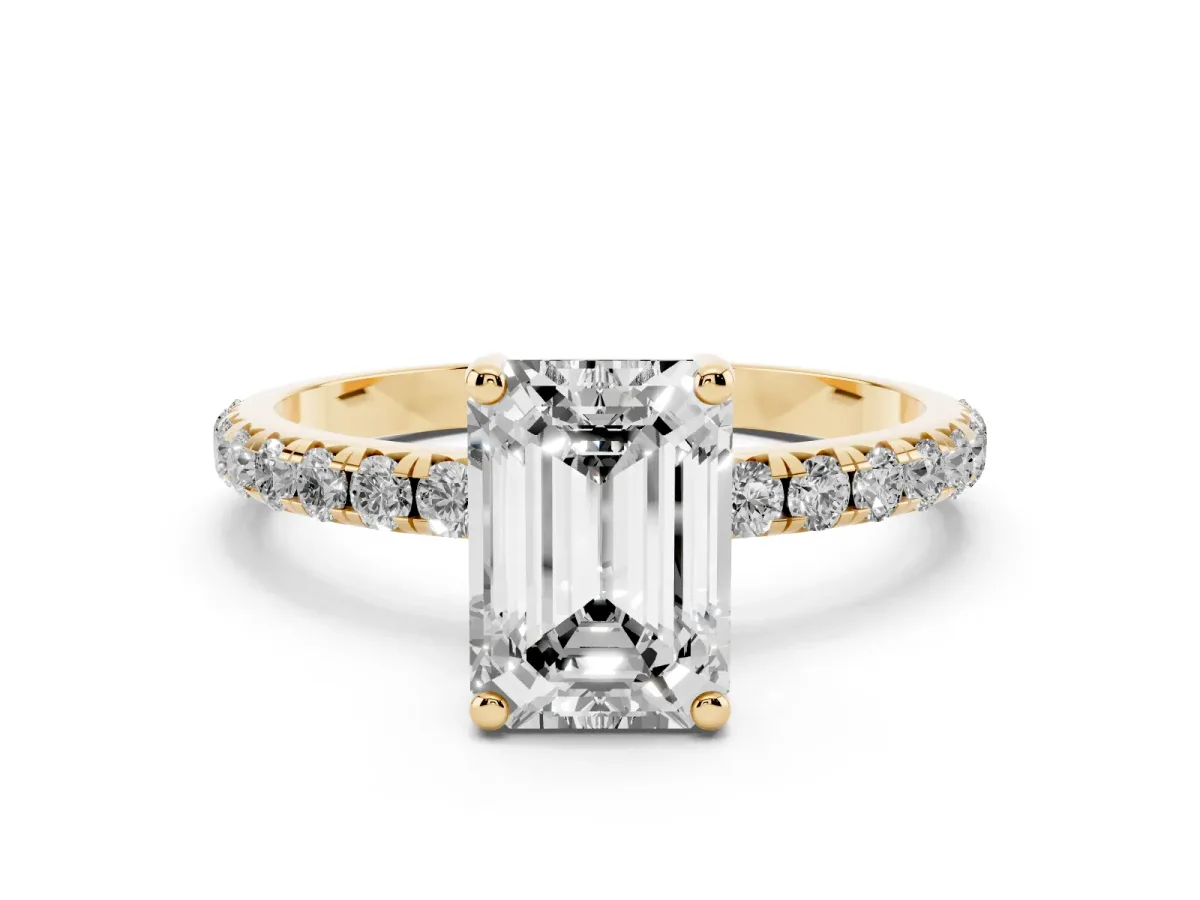 Emerald Cut Cut Diamond Solitaire Ring with Micro Pave Band and Four Prong Setting Yellow gold