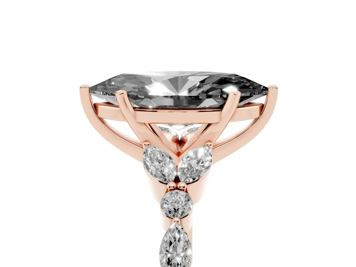 Fancy Black Marquise Cut Diamond Solitaire Ring with Side Stones and Four-Prong Setting Rose gold