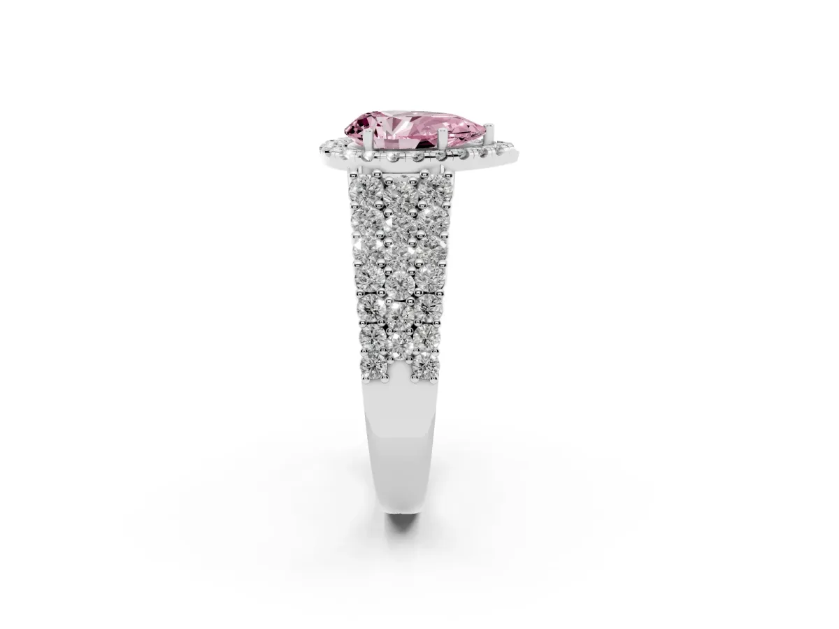 Fancy Pink Pear Cut Diamond Halo Engagement Ring with Triple Row Round Pavé Band and Prong Setting Silver