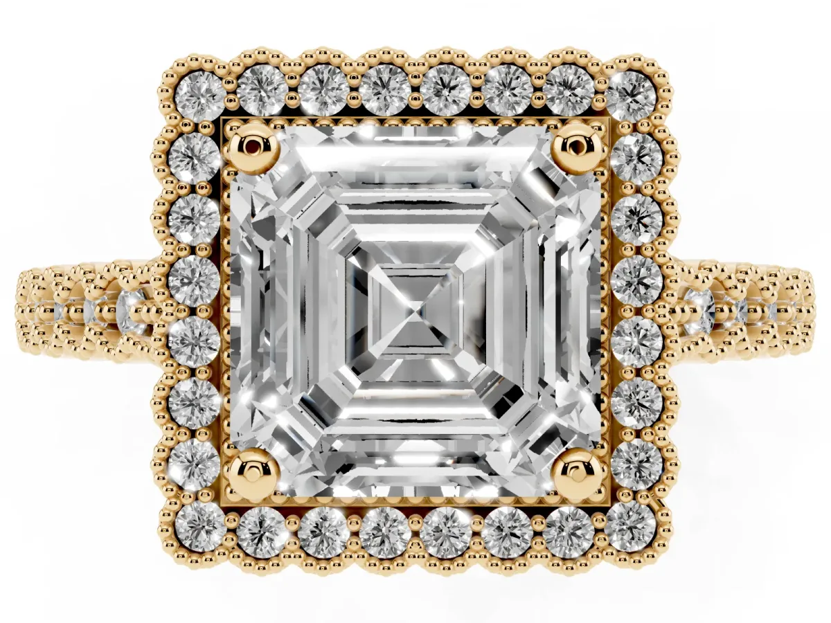 Asscher Cut Cut Halo Pavé Solitaire Ring with Milgrain Band Yellow gold