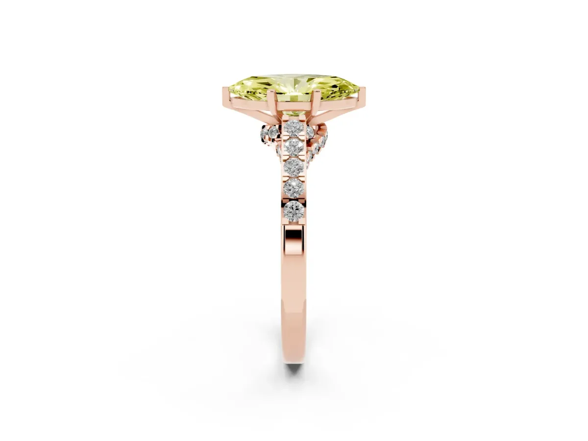 Fancy Yellow Marquise Cut Diamond Solitaire Ring with Crossover Gallery and Round Pavé Band Rose gold
