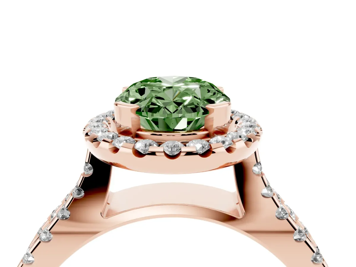 Fancy Green Oval Cut Diamond Halo Ring with Split Shank Pavé Band and Prong Setting Rose gold