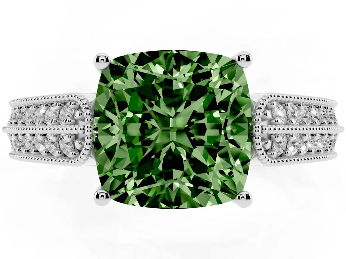 Fancy Green Cushion Cut Cut Pave Split Shank Engagement Ring with Four-Prong Setting Silver