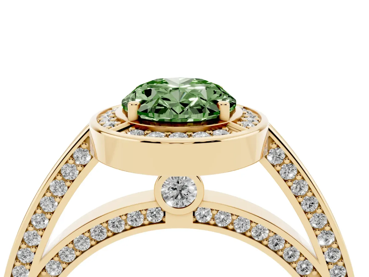 Fancy Green Oval Cut Cut Halo Pave Split Shank Prong Setting Ring Yellow gold