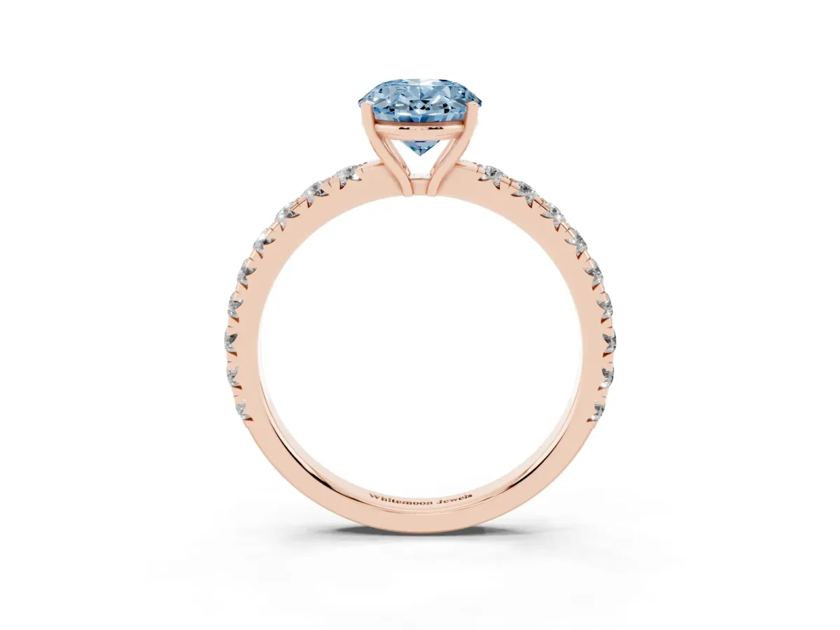 Fancy Blue Oval Cut Diamond Pavé Solitaire Engagement Ring with Four-Prong Setting Rose gold