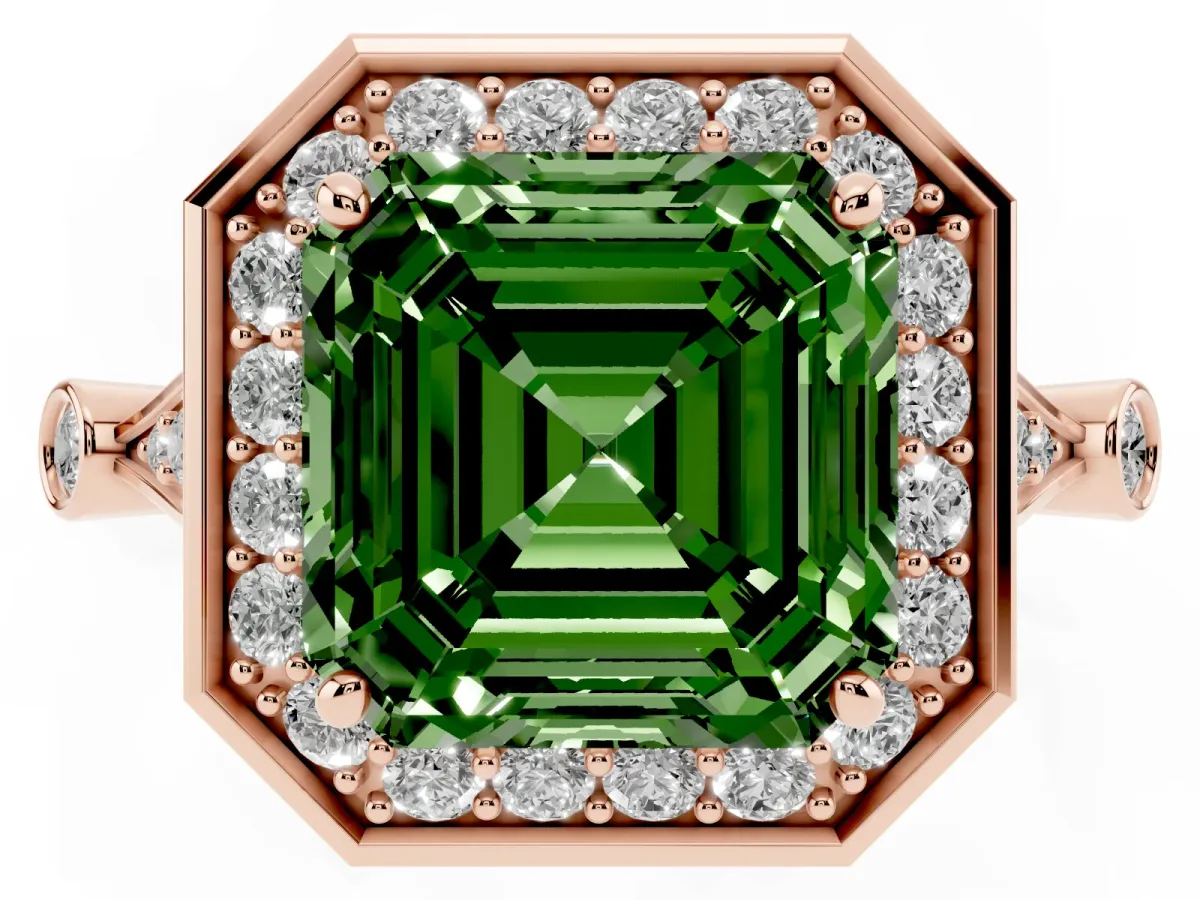 Fancy Green Asscher Cut Halo Diamond Engagement Ring with Twisted Band and Four-Prong Setting Rose gold